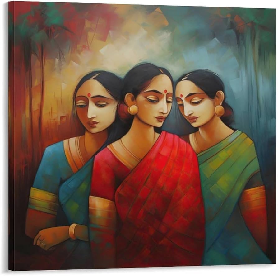 A striking, colorful painting of three women, highlighting their individual personalities through vivid colors and expressive artistry