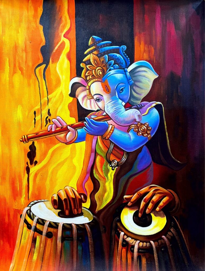 Lord Ganesha artwork, featuring intricate details and vibrant colors, capturing the essence of divine art.